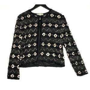Papell Boutique Evening Vintage Silk Beaded Long Sleeve Black Gold Jacket Large